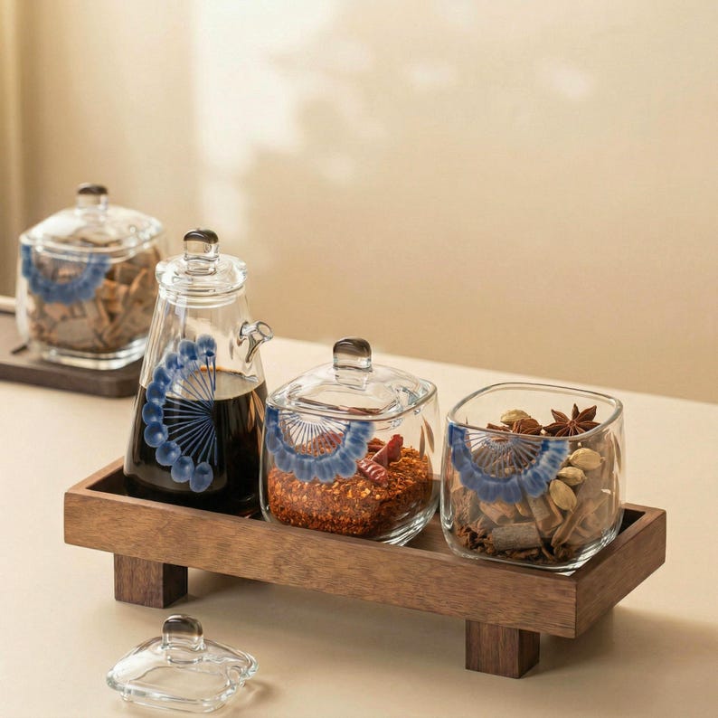 May include: A set of glass spice jars and a cruet with blue fan-shaped designs, filled with spices and liquids, on a wooden tray. The set includes a cruet with a spout and square jars with lids.