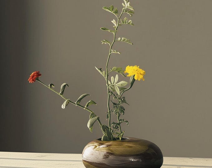 Featured listing image: Japanese Wabi Sabi Ceramic Vase with Pin Frog – Low Stone Ikebana Flower Holder, Rustic Minimalist Pottery for Zen Home, Shelf & Table Decor