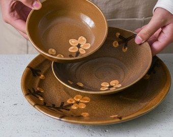 Japanese Ceramic Plate Set: Handmade Wabi Sabi Dinnerware with Rice Bowl, Salad Dish & Sushi Plate for Minimalist Japanese Tableware Decor