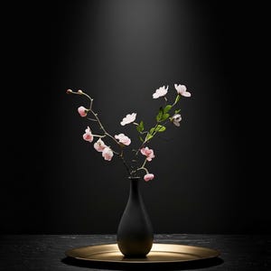 Op de afbeelding: Een zwarte vaas met een gouden voetstuk bevat een bloemstuk van roze bloesems en groene bladeren. De vaas staat op een goudkleurige schaal, alles tegen een donkere achtergrond. Het arrangement is een decoratief accent.