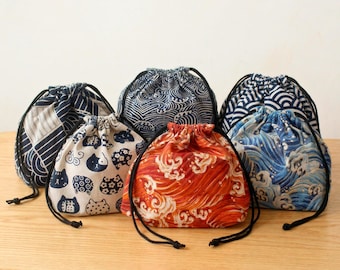 Bolsa Bento Japonesa: Bolsa com Cordão Wabi Sabi, Lancheira de Tecido com Estampa de Ondas