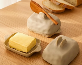 Botervloot met deksel: keramische botervloot met houten mes, klein Japandi keukendecor, boterdoos