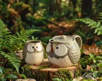 Ceramic Owl Teapot Set: Japanese Style Stoneware Tea Pot with Filter and 2 Owl Cups, Cute Kawaii Tea Gift