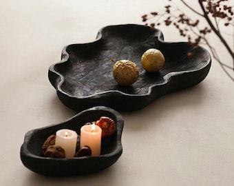 Wabi Sabi houten fruitschaal – zwart verkoold hout decoratief dienblad, Japandi biologische serveerschaal, rustiek zen-salontafeldecor