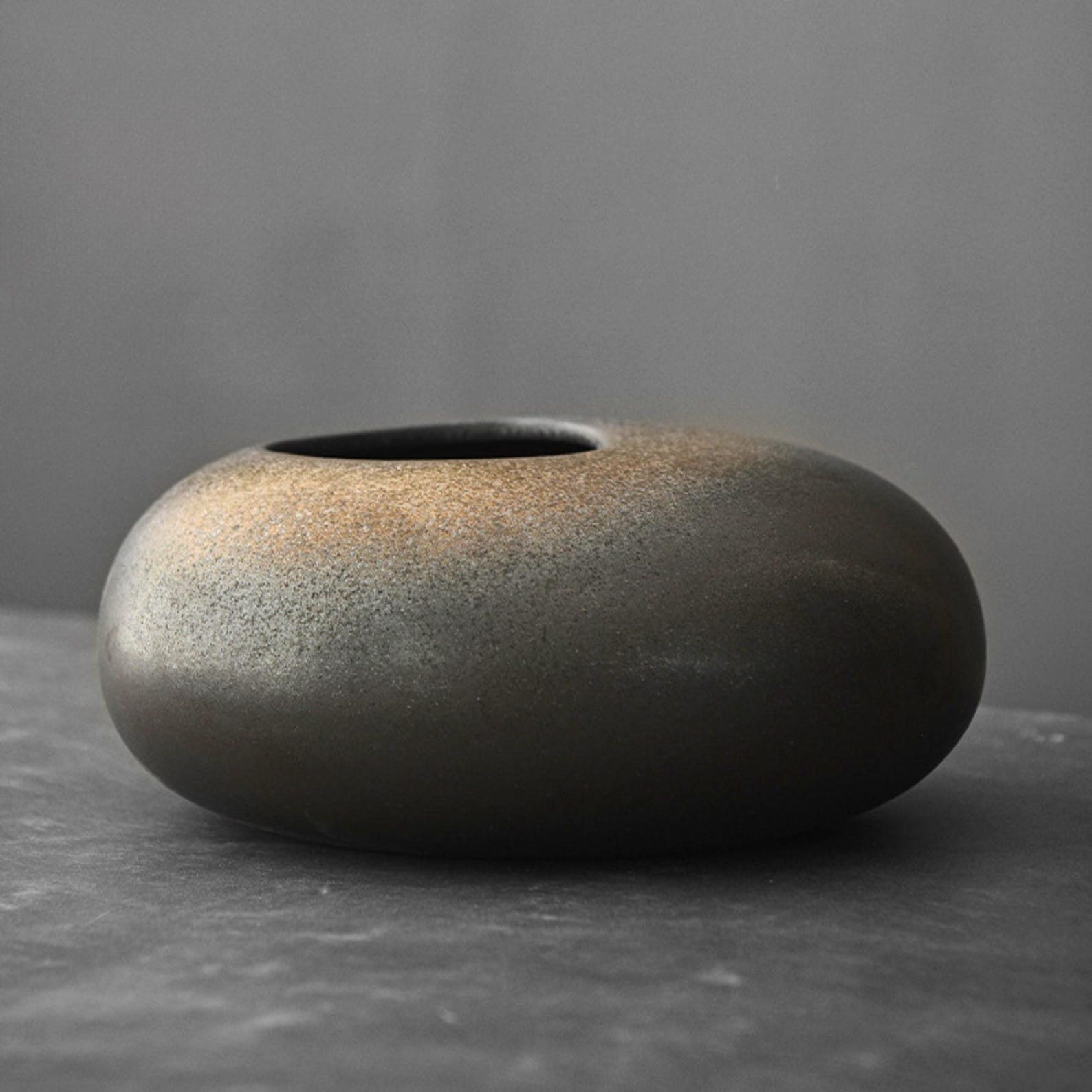 Ikebana Vase: Black Gold | Japanese Wabi Sabi Ceramic Vase with Pin Frog, Flower Frog Vase, Low Flower Holder, Minimalist Pottery Decor Vase - Black Gold