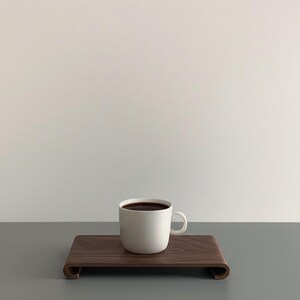 Peut inclure: Une tasse en c&eacute;ramique blanche remplie d'un liquide fonc&eacute;, probablement du caf&eacute;, est pos&eacute;e sur un plateau en bois brun fonc&eacute;. Le plateau pr&eacute;sente un design incurv&eacute; et minimaliste. La tasse a une forme simple et arrondie avec une petite anse.