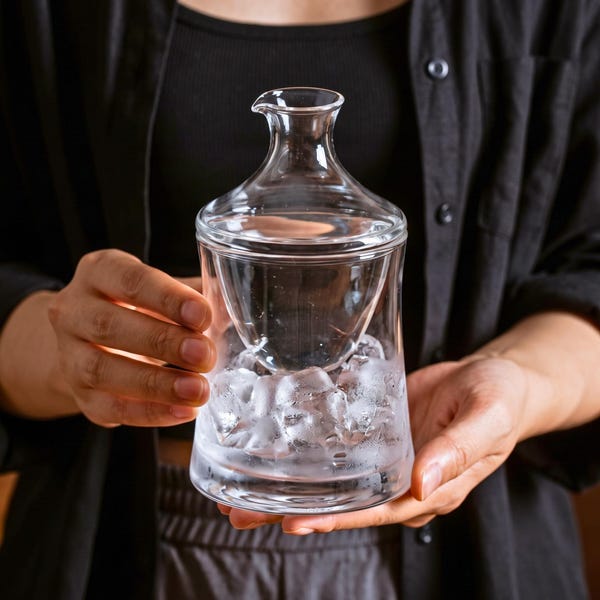 Japanese Sake Tokkuri: Ice-Cooling Glass Carafe with Two Ochoko
