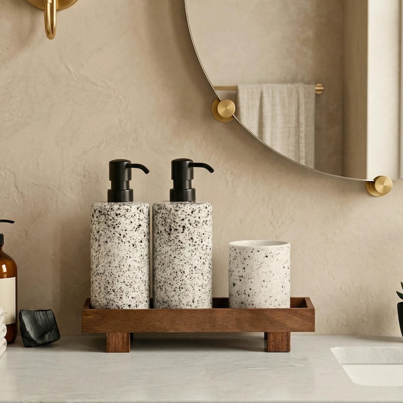 May include: Bathroom accessories set featuring two speckled soap dispensers with black pumps, a matching tumbler, and a wooden tray. The set is designed with a modern aesthetic, perfect for a minimalist bathroom decor.