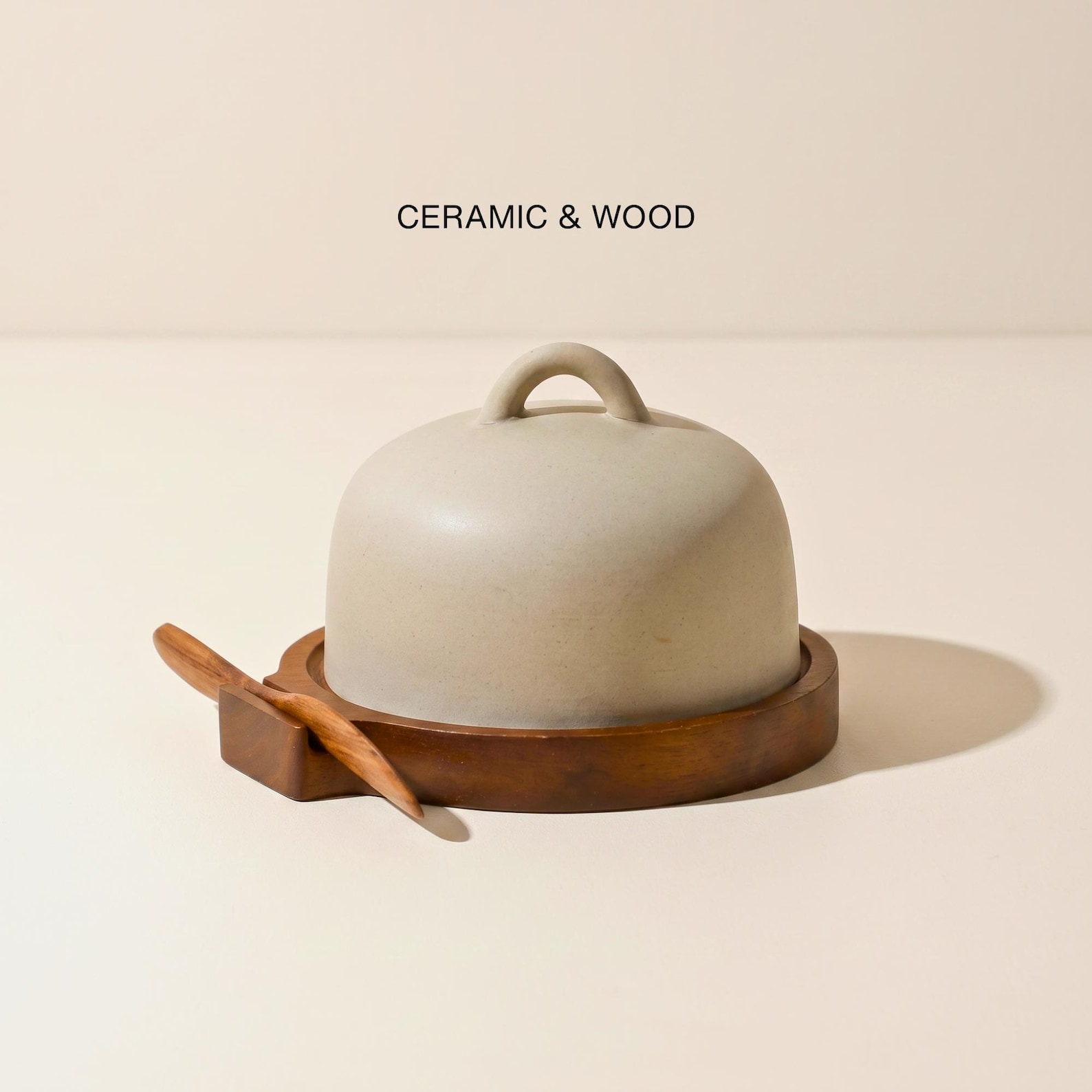 Ceramic Butter Dish: Wabi Sabi Butter Keeper with Wooden Tray & Knife, Minimalist Kitchen Storage, Rustic Butter Crock - Ceramic and wood