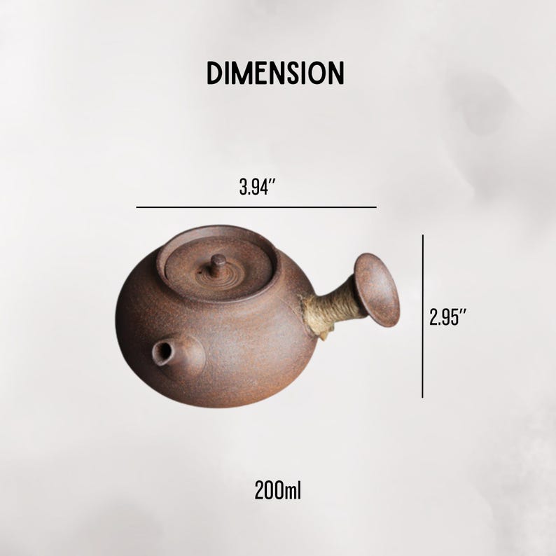 May include: A brown ceramic teapot with a round body and a spout. The teapot is 3.94 inches wide and 2.95 inches tall. The text "DIMENSION" and "200ml" are also visible.
