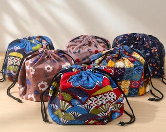 Japanese Bento Bag: Cotton Drawstring Lunch Pouch, Reusable Fabric Food Bag, Cute Floral & Fan Pattern Lunch Tote