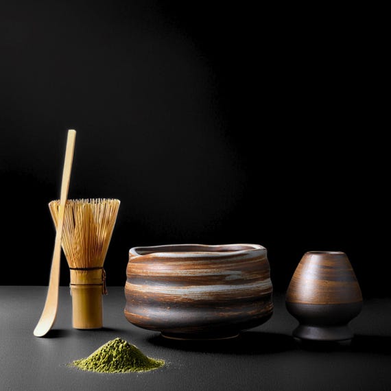Set Cérémonie Matcha Japonais - 5 Pièces (Fouet Bambou, Bol Céramique, Cuillère, Passoire, Support) - Vert
