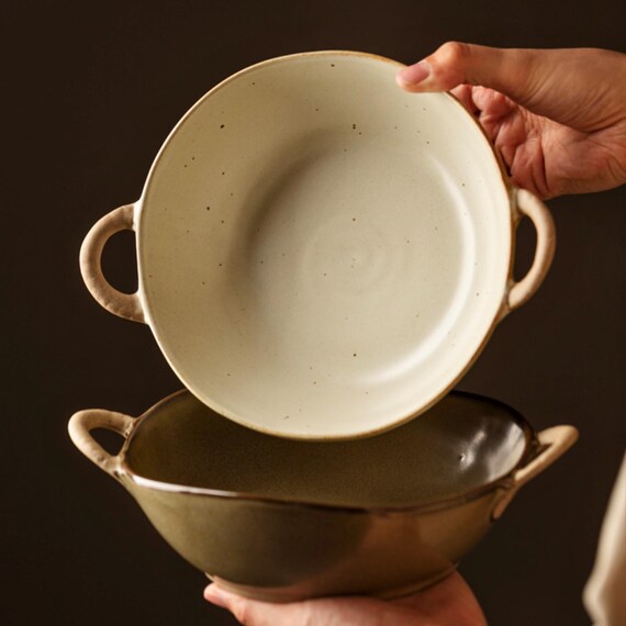 Soup Bowl: Japanese Ceramic Double Handle Bowl, Ramen Bowl, French Onion Crock, Rustic Pottery Dish