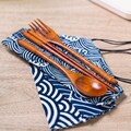 Japanese Travel Cutlery Set: Wooden Chopsticks Spoon Fork with Wabi Sabi Fabric Case