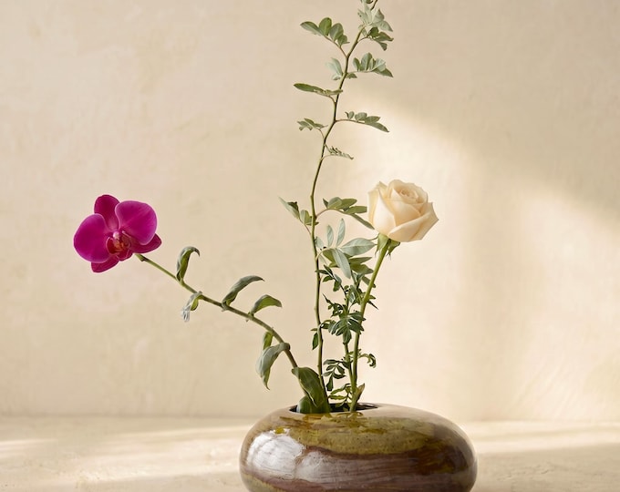 Featured listing image: Ikebana Vase: Japanese Wabi Sabi Ceramic Vase with Pin Frog, Flower Frog Vase, Low Flower Holder, Minimalist Pottery Decor Vase