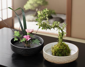 Ikebana Vase Ceramic: Japanese Black & White Flower Arrangement Bowl with Optional Kenzan Pin Frog, Sogetsu Ikebana Vase for Zen Decor