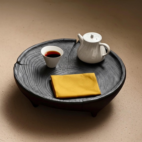 Small Wabi Sabi Coffee Table, Japanese Tray, Mini Charred Wood Table, Round Black Wood Table, Japandi Decor, Low Coffee Table, Zen Style