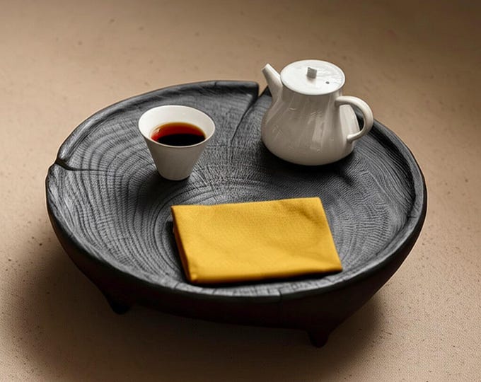 Featured listing image: Small Wabi Sabi Coffee Table, Japanese Tray, Mini Charred Wood Table, Round Black Wood Table, Japandi Decor, Low Coffee Table, Zen Style