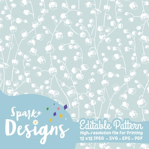 Könnte beinhalten: Ein digitales Papiermuster mit einem sich wiederholenden Design aus weißen Maiglöckchen auf hellblauem Hintergrund. Das Muster ist mit "Bearbeitbares Muster" beschriftet und enthält den Text "Spark Designs".