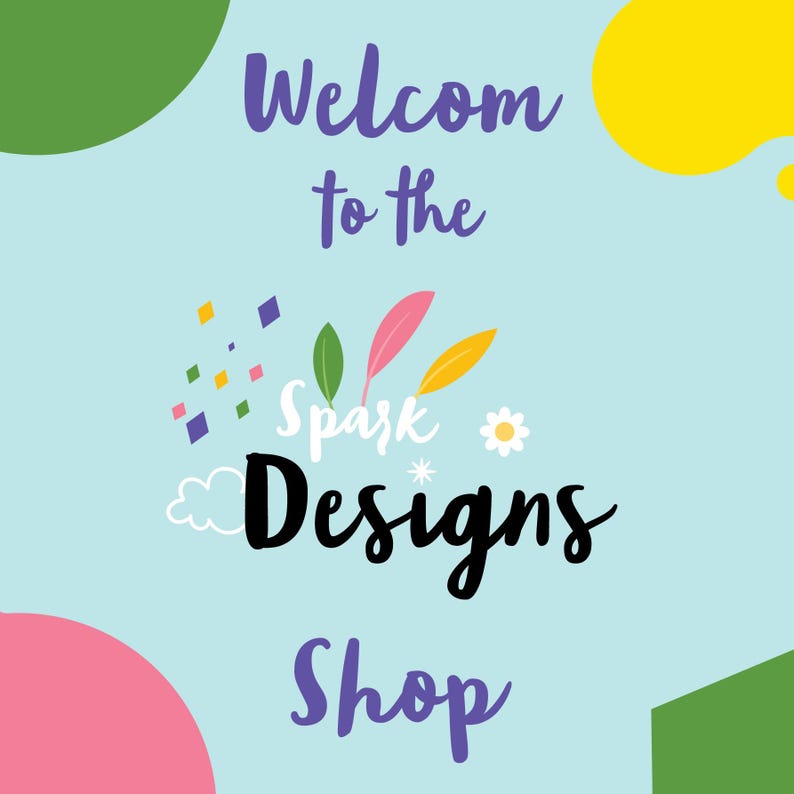 Puede incluir: Un fondo azul con confeti de colores y un mensaje de bienvenida que dice "Bienvenido a la tienda Spark Designs".