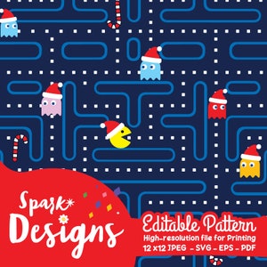Könnte beinhalten: Ein digitales Muster mit marineblauem Hintergrund und einem blauen Labyrinth-Design. Das Muster enthält Pac-Man-Charaktere und Geister mit Weihnachtsmützen sowie Zuckerstangen. Das Design trägt die Bezeichnung "Spark Designs" und "Editable Pattern".