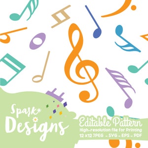 May include: A seamless pattern featuring colourful musical notes and a treble clef on a white background. The pattern is perfect for creating digital or printed designs.