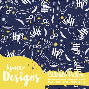Puede incluir: Un patrón azul marino con ilustraciones blancas y amarillas de gafas, rayos, estrellas, plumas y las letras "HP". El diseño incluye el texto "Spark Designs" y "Editable Pattern".