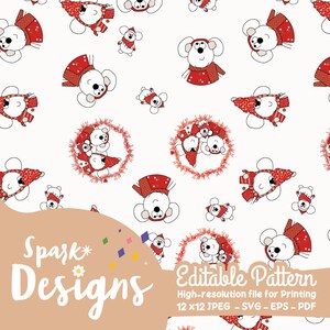 Puede incluir: Un patrón sin costuras con ratones blancos que llevan gorros y bufandas de invierno rojos y blancos. Los ratones están rodeados de coronas rojas y blancas. El patrón está sobre un fondo blanco. El texto "Spark Designs" y "Editable Pattern" está en la parte inferior de la imagen.