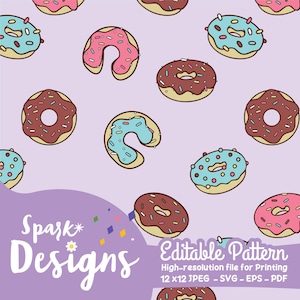 May include: A seamless pattern featuring various donuts with different colored glazes and sprinkles. The donuts are on a light purple background. The text "Spark Designs" and "Editable Pattern" is at the bottom of the image.