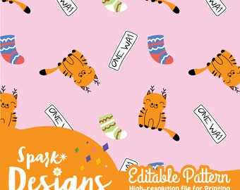 May include: A seamless pattern featuring orange tabby cats, socks, and "One Way" signs on a pink background. The pattern is perfect for creating digital or printed designs.