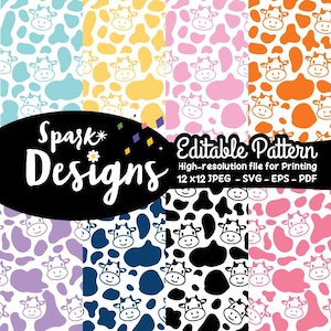 Può includere: Un set di 10 motivi di carta digitale con un design a stampa di mucca in vari colori, tra cui rosa, blu, giallo, arancione, nero e bianco. I motivi misurano 30,48 cm per 30,48 cm e sono disponibili nei formati JPEG, SVG, EPS e PDF.