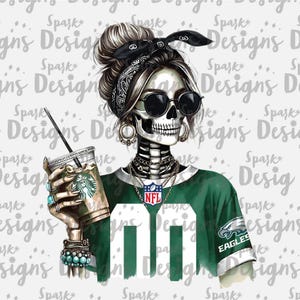 Peut inclure: Illustration num&eacute;rique d'un squelette portant un maillot vert avec le num&eacute;ro 00 et les mots "EAGLES" et "NFL". Le squelette porte des lunettes de soleil et un bandana et tient une tasse de caf&eacute;.