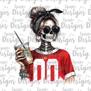 Peut inclure: Illustration num&eacute;rique d'une femme au visage de cr&acirc;ne portant un t-shirt rouge avec un num&eacute;ro 00 blanc. Elle tient une tasse de caf&eacute; avec une paille et porte un bandana sur la t&ecirc;te.