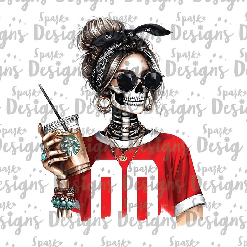 Peut inclure: Illustration num&eacute;rique d'une femme au visage de cr&acirc;ne portant un t-shirt rouge avec un num&eacute;ro 00 blanc. Elle tient une tasse de caf&eacute; avec une paille et porte un bandana sur la t&ecirc;te.