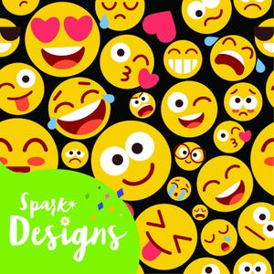 May include: A black background with a repeating pattern of yellow emoji faces with different expressions. The emoji faces are all smiling, winking, or making other funny faces. The text "Spark Designs" is in the lower left corner of the image.