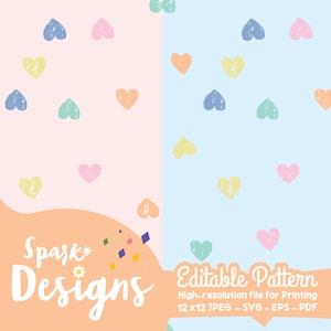 Puede incluir: Una descarga digital de un patrón sin costuras con corazones coloridos sobre un fondo rosa y azul. El patrón mide 12 pulgadas por 12 pulgadas y está disponible en formatos JPEG, SVG, EPS y PDF. El texto "Spark Designs" y "Editable Pattern" está incluido en la imagen.