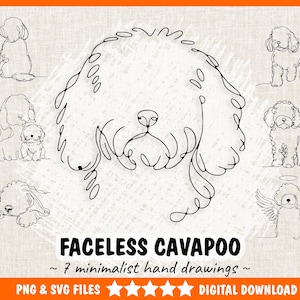 以下が含まれることがあります： Cavapooの犬の7つのミニマリスト線画を特徴とするデジタルダウンロード。 黒い線画にはさまざまなポーズが含まれており、画像には「FACLESS CAVAPOO」と「〜7つのミニマリスト手描き〜」というテキストがあります。 画像にはオレンジ色の境界線があります。