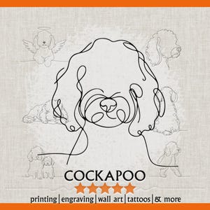 Peut inclure: Illustration au trait d'un Cockapoo, avec un contour de visage central et plusieurs croquis plus petits. Le mot "COCKAPOO" est affiché en dessous, avec des étoiles et du texte sur l'impression, la gravure, l'art mural et les tatouages. Fond neutre.