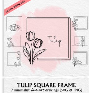 May include: A digital download graphic featuring seven minimalist line-art tulip drawings in square frames. The word "Tulip" is written in script. A pink watercolor wash is in the background. The words "Digital Download" are in the upper left corner.