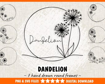 Dandelion Round Frames SVG & PNG Bundle | 7 Floral Circle Frames | Line-Art Dandelion Wreath | Dandelion Plant Wall Art - Digital Download