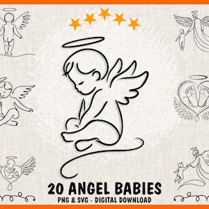 May include: A set of 20 black and white line art illustrations of angel babies. The illustrations feature babies with wings and halos, some with hearts and footprints, and some holding hands.