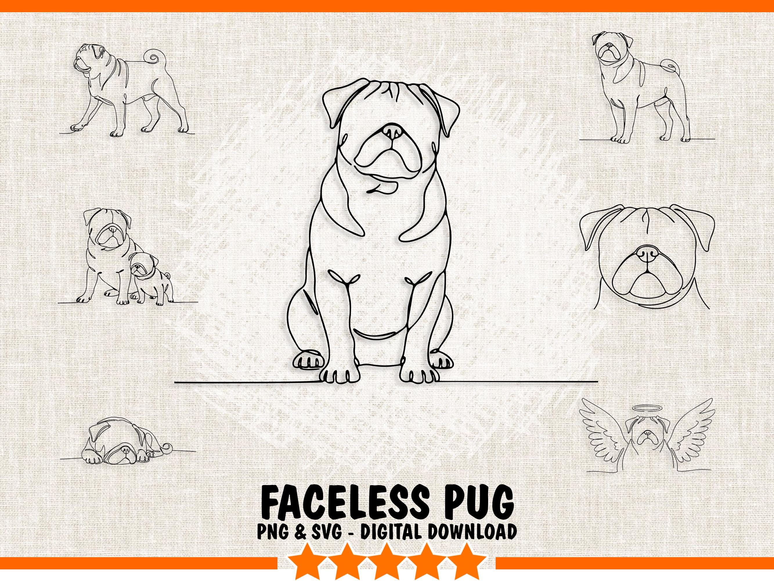 Faceless Pug Dogs SVG & PNG Bundle – 7 Minimalist Pug Hand-drawn ...