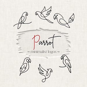 Könnte beinhalten: Eine Sammlung minimalistischer Papageien-Logos in schwarzer Strichzeichnung. Das Wort "Parrot" ist in einer Schreibschrift mit roter Akzentuierung geschrieben, darunter der Satz "minimalist logos". Die Logos zeigen Papageien in verschiedenen Posen, darunter fliegend und sitzend.