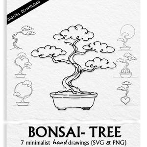 Bonsai Tree Minimalist PNG & SVG Line Art Bundle – 7 Hand-Drawn Bonsai Sketches, Simple Zen Decor Digital Download for Printing and Crafts.
