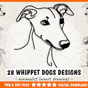 Whippet Dog SVG & PNG - 28 Minimalist Whippet Dogs Lineart Drawing, Dog Png Bundle, Whippet Portraits - Digital Download Commercial Use.