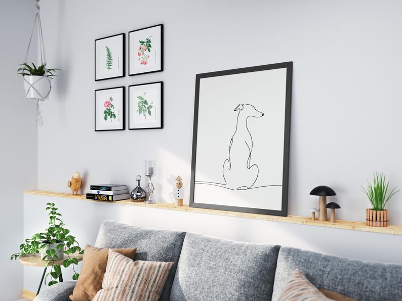 Whippet Dog Sitting View From Back - Whippet Greyhound PNG & SVG Minimalist Personalized Wall Art, Line Drawing -  Digital Download Print