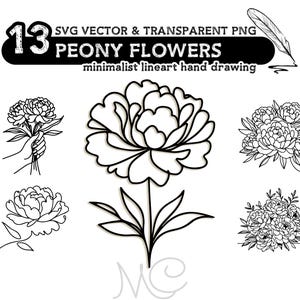 Peony Flowers Line Art Bundle – Minimalist Flower Drawings, Peony Bouquet, Blooms, Hand Holding Peony, SVG & PNG, Commercial Use.