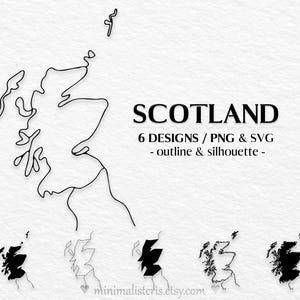 Può includere: Un design minimalista in bianco e nero che mostra il contorno della Scozia. La parola "SCOTLAND" è visualizzata in grassetto, in nero, con il testo "6 DESIGNS / PNG & SVG - outline & silhouette - ". Sotto sono mostrati sei diversi disegni di mappe della Scozia.