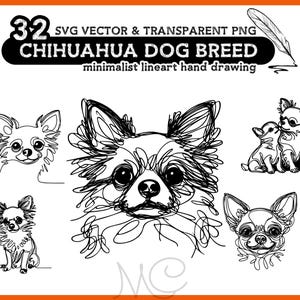 32 Chihuahua Dog Portraits SVG & PNG Bundle - Minimalist Lineart Drawing , Transparent Dog Png Bundle, Svg Dog Heads Bundle, Commercial Use.