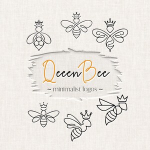 May include: A collection of minimalist bee logos in black line art, each wearing a crown. The logos are arranged around the text "Queen Bee ~ minimalist logos ~" in orange and black on a textured background.